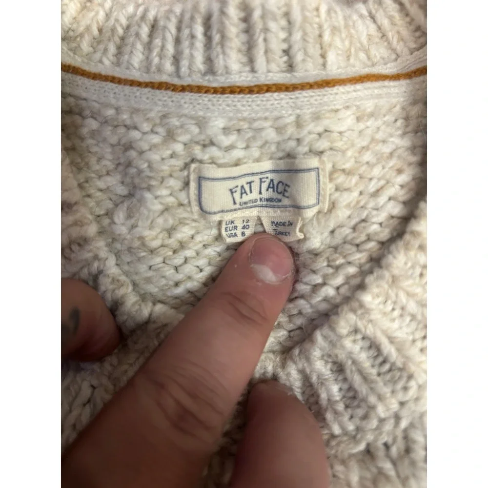 Fat Face Womens Cable Knit Sweater Cream Oatmeal‎ Marl Crew Neck Longline Size 8